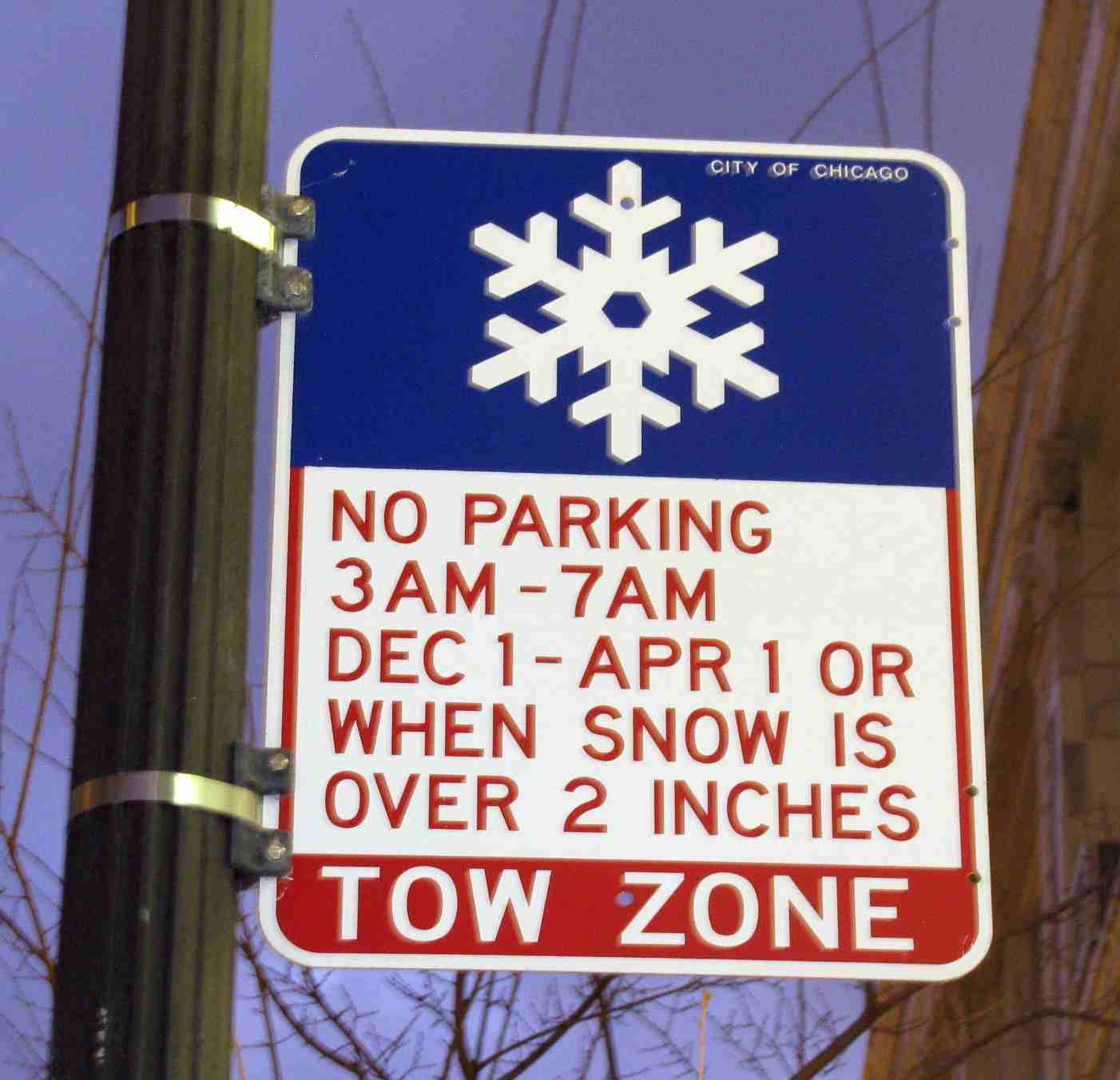 chicago no parking overnight (snow) sign