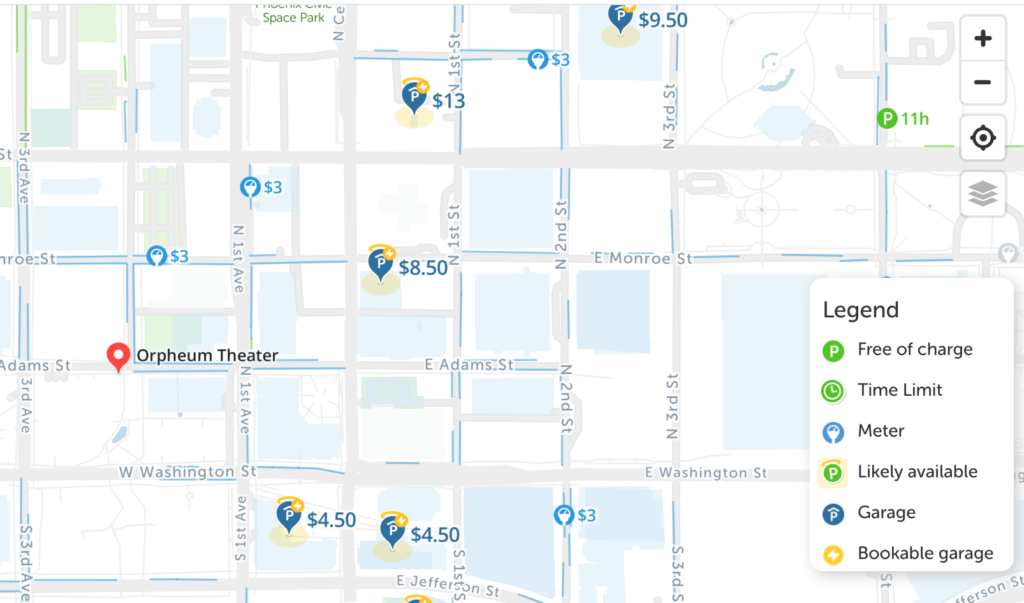 orpheum theater parking map spot angels