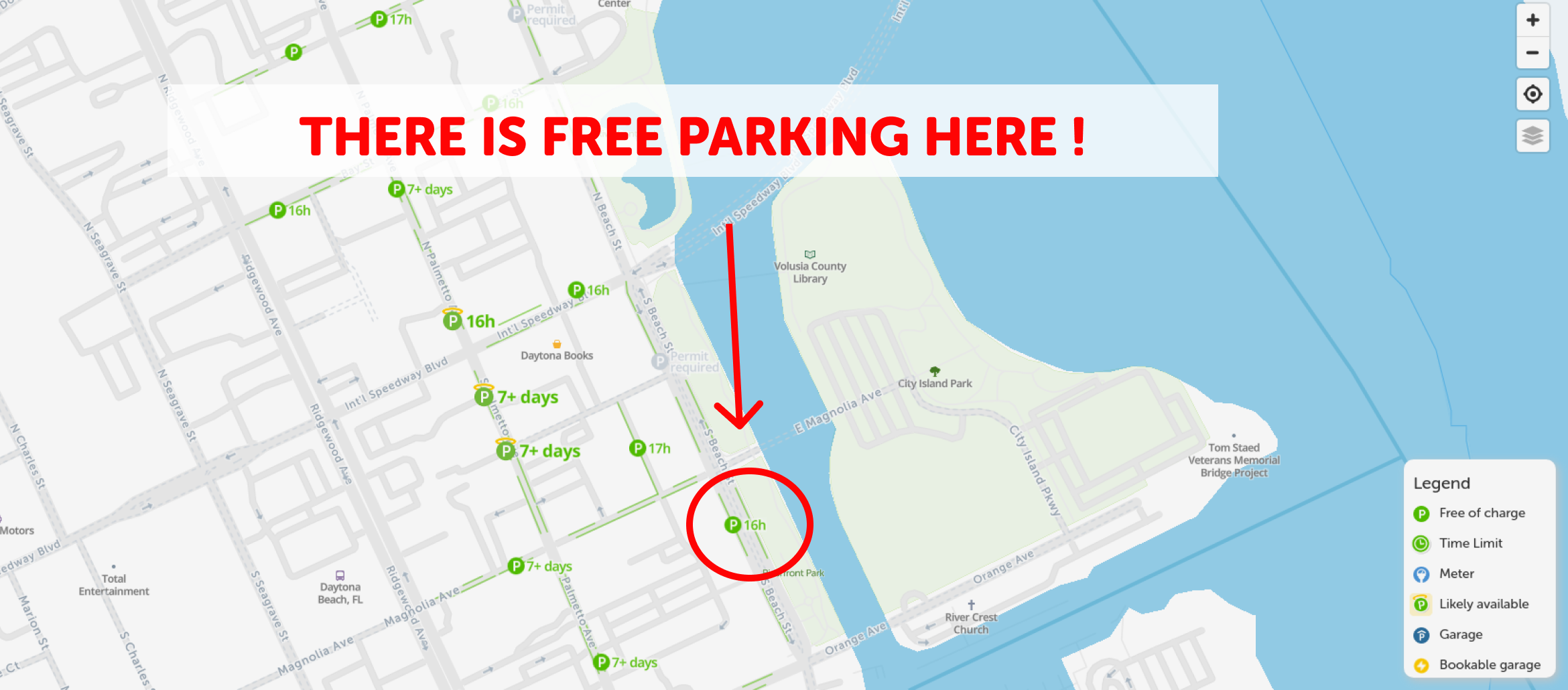 2021 map of free parking in daytona beach - spotangels