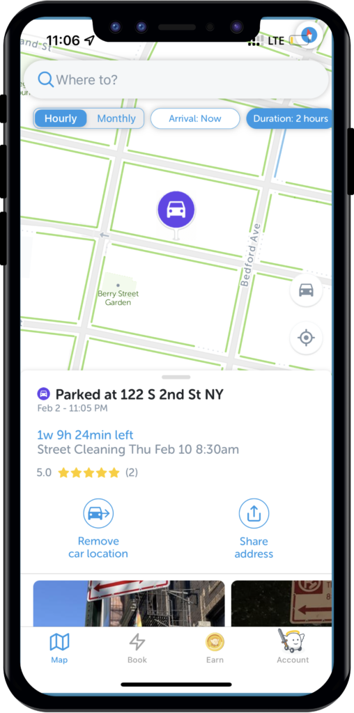 App screen showing parking location saved with time left